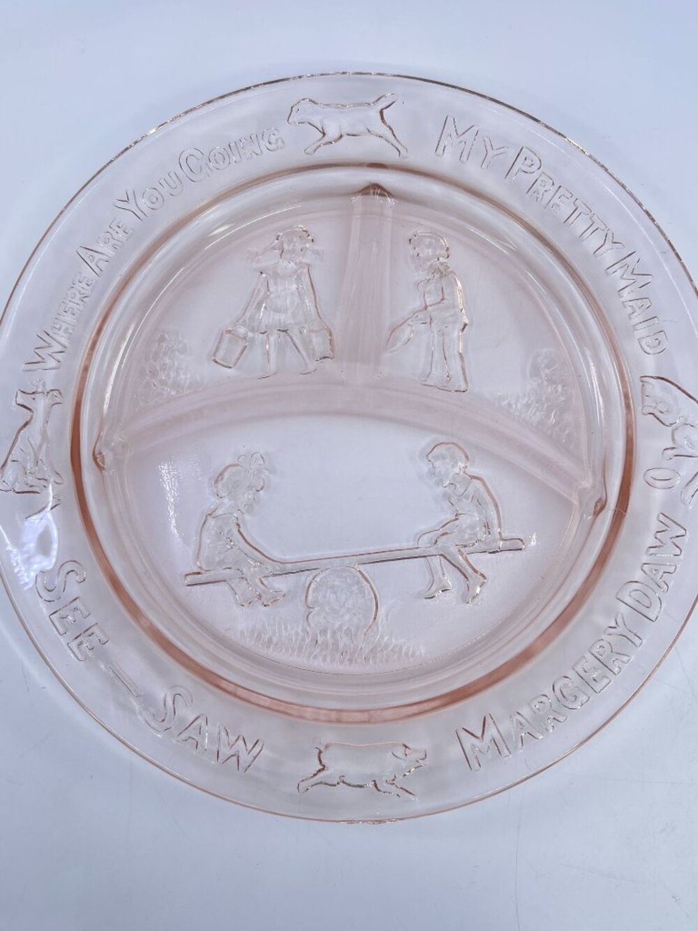 vintage tiara pink depression glass 3 piece clild's nursery rhyme dinnerware set